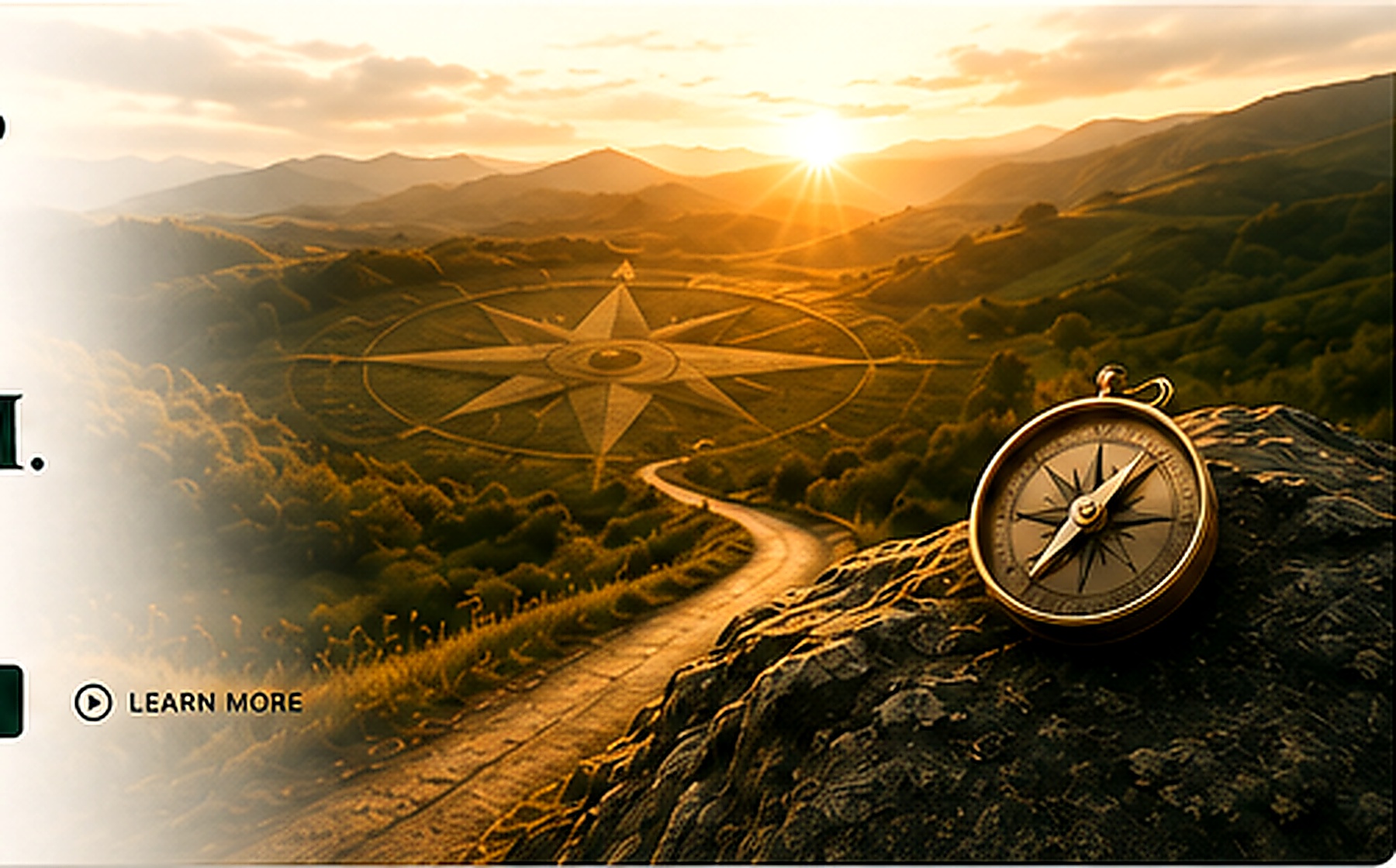 Sunrise over a winding mountain road with compass branding representing financial direction